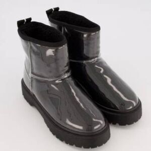 NEW Steve Madden Black Ankle Boot Faux Sherpa Ugg Style in Clear Gloss Size 7.5